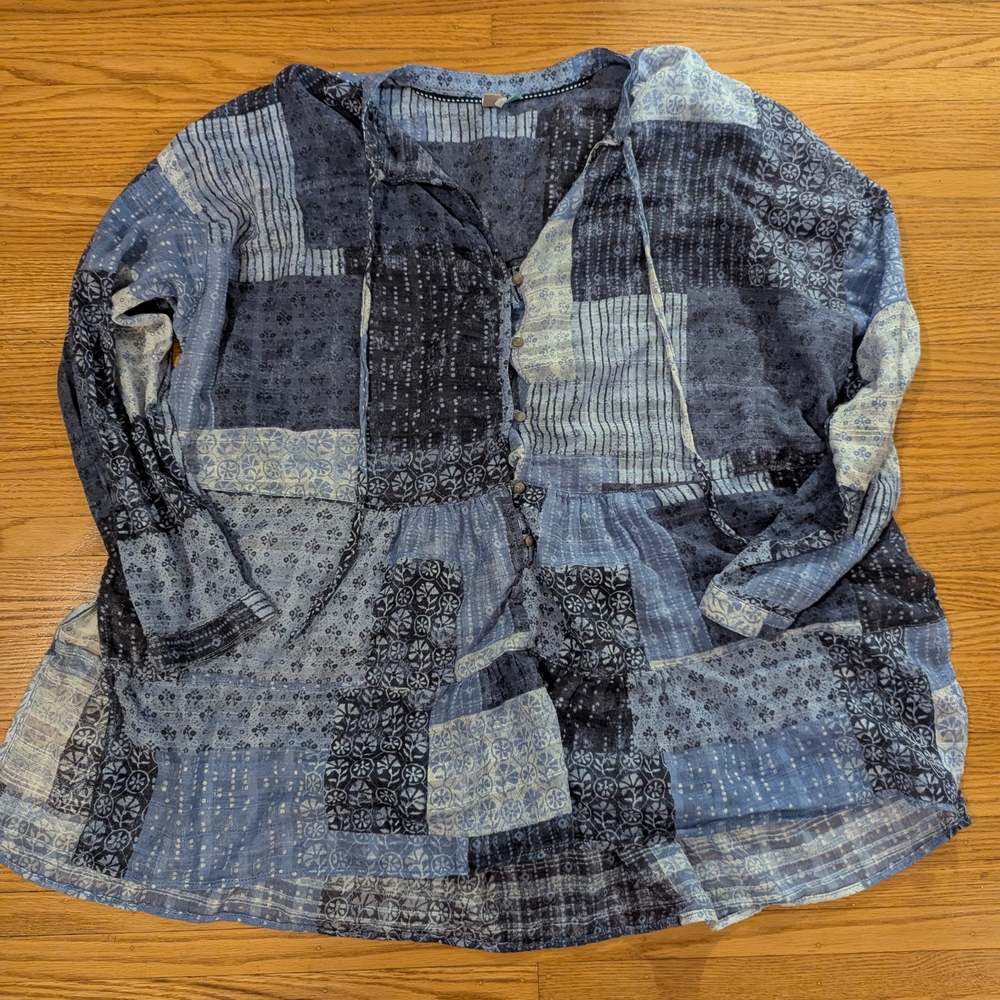 Anthropologie Pilcro Blue and Gray Patchwork Blouse Size 2X